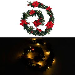 8.9ft green PVC Christmas garland with red poinsettias, berries, and 50 LED lights.