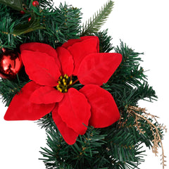 8.9ft green PVC Christmas garland with 50 LED lights, pine branches, red poinsettias, and berries.