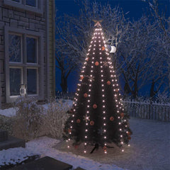 Net of 250 warm white LED lights draped over a snowy 8-foot Christmas tree at night.
