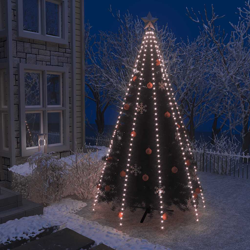 Net of 400 warm white LED lights designed for Christmas trees, shown illuminating a snowy outdoor tree.