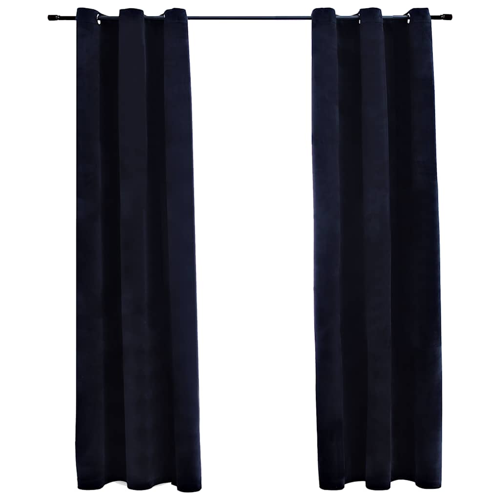 Black velvet blackout curtains with rings, two 37x84-inch panels, blocking light and providing privacy.