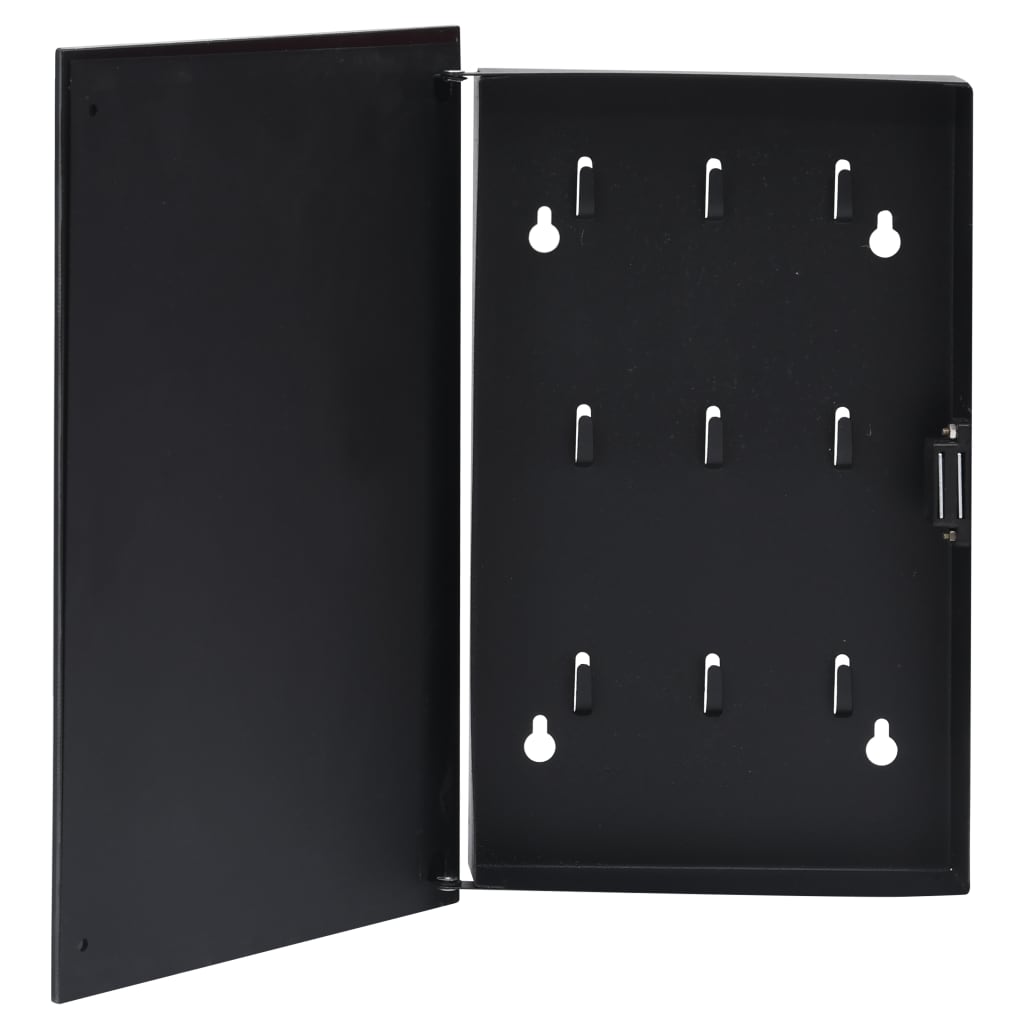 Black key box with open door revealing nine hooks and magnetic tempered glass board.