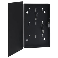 Black key box with open tempered glass door revealing nine hooks inside.