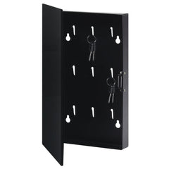 Black key box with open door revealing nine hooks and magnetic tempered glass board.