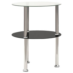 Side Table Clear and Black Tempered Glass, Stainless Steel Compact