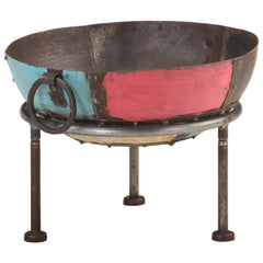 Colorful rustic iron fire pit with multicolor patina, 15.7-inch diameter bowl, and side handles on legs.