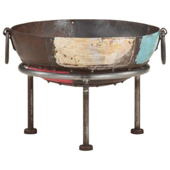 Colorful rustic iron fire pit with 15.7-inch diameter bowl and stand.