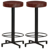 Bar Stool Set of 2 Brown, Black Real Leather, Powder-Coated Iron