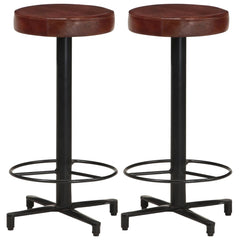 Bar Stool Set of 2 Brown, Black Real Leather, Powder-Coated Iron