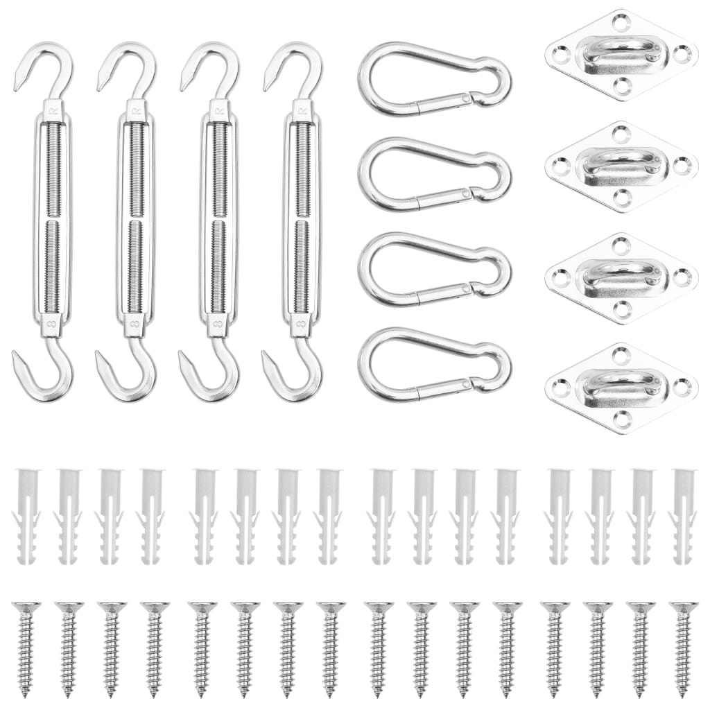 Silver stainless steel sunshade sail accessory set with 4 turnbuckles, 4 carabiners, 4 pad eyes, and mounting hardware.