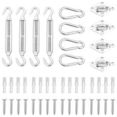 Silver stainless steel sunshade sail accessory set with 4 turnbuckles, 4 carabiners, 4 pad eyes, and mounting hardware.
