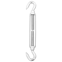 Silver stainless steel turnbuckle with hooks for sunshade sail accessory set.