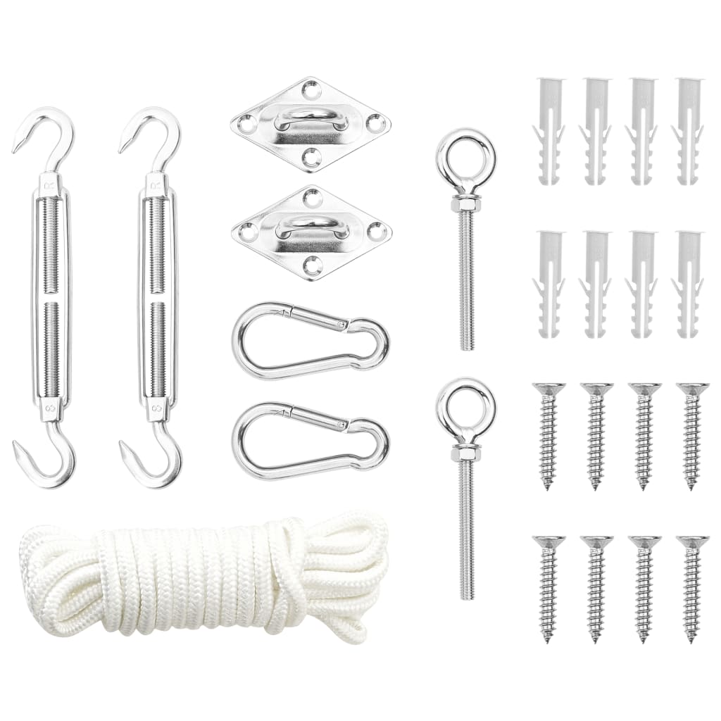 Silver stainless steel 9-piece sunshade sail accessory set with turnbuckles, carabiners, pad eyes, ring screws, rope, and hardware.