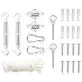 Silver stainless steel 9-piece sunshade sail accessory set with turnbuckles, carabiners, pad eyes, ring screws, rope, and hardware.