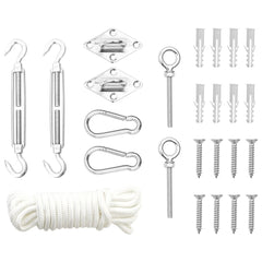 Silver stainless steel 9-piece sunshade sail accessory set with turnbuckles, carabiners, pad eyes, ring screws, rope, and hardware.