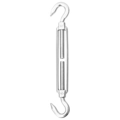 Silver stainless steel turnbuckle with hooks for sunshade sail attachment.
