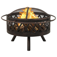 Rustic steel fire pit with 29.9-inch bowl, mesh guard, burning logs, and poker.