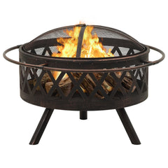 Rustic steel fire pit with 29.9-inch bowl, burning logs, mesh lid, poker, and tripod base.