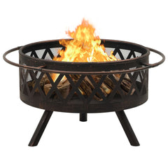 Rustic steel fire pit with 29.9-inch bowl, burning logs, mesh guard, and poker.