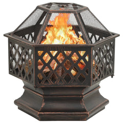 Octagonal black steel fire pit with burning logs and mesh guard.