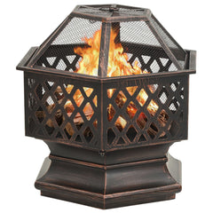 A rustic steel fire pit with a diamond-patterned base, mesh cover, and burning logs.