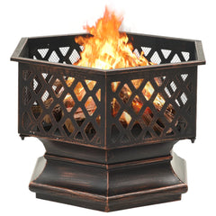 Rustic steel hexagonal fire pit with burning flames and included poker.