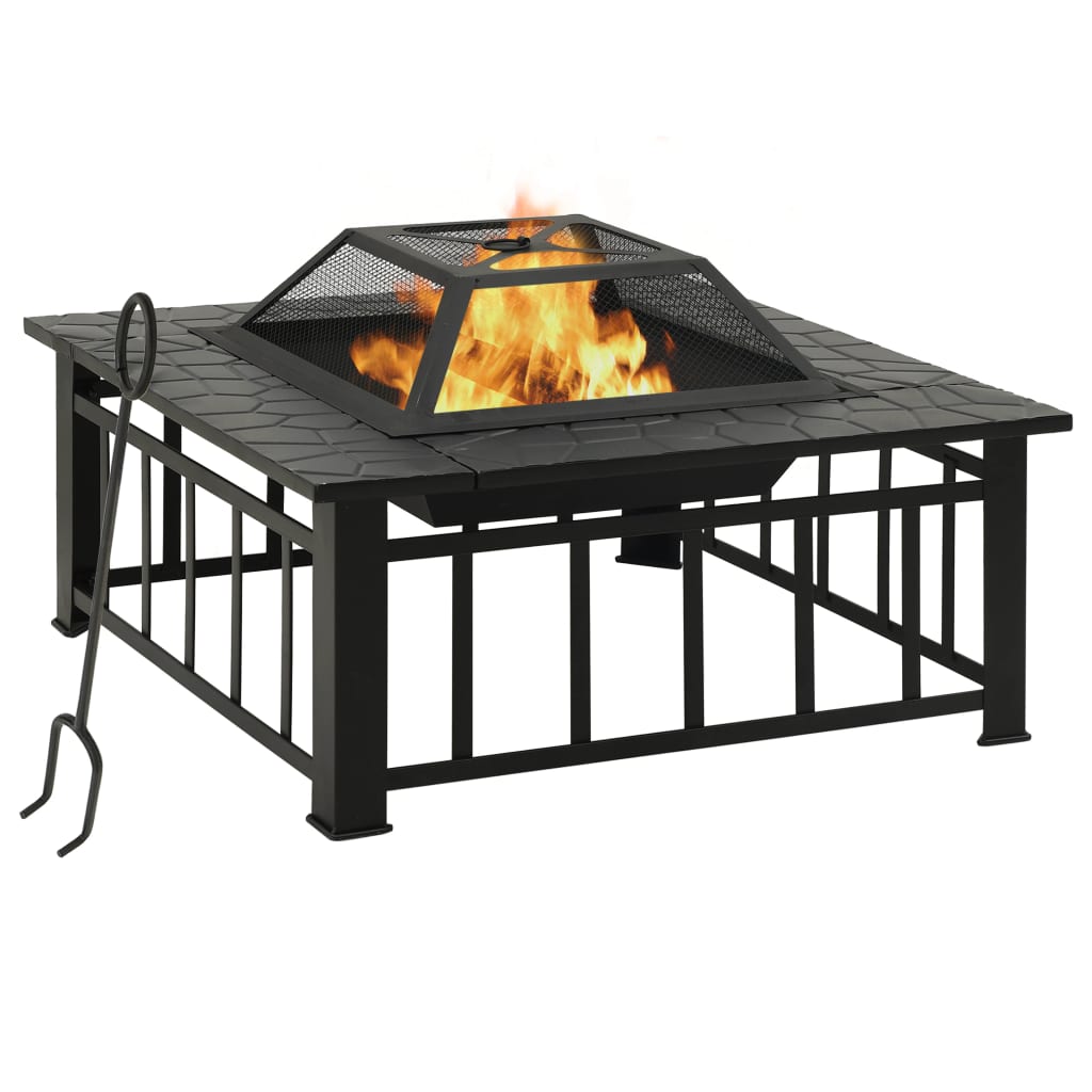 Square black steel garden fire pit with burning flames, mesh lid, and poker.