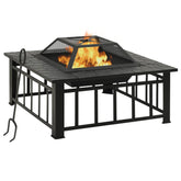 Square black steel garden fire pit with burning flames, mesh lid, and poker.