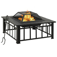 Square black steel garden fire pit with burning flames, mesh lid, and poker.