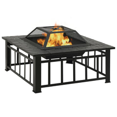 Square black steel garden fire pit with burning flames and mesh lid.