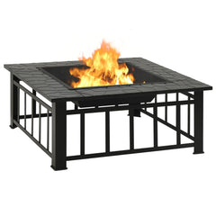 Square black steel fire pit with burning flames and poker, 31.9x31.9x18.5 inches.