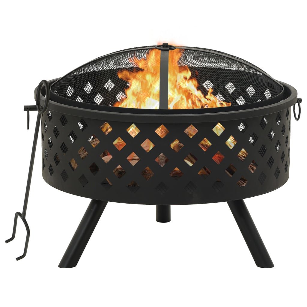 Black steel 26.8-inch fire pit with mesh cover, poker, and burning flames.