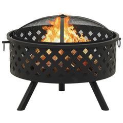 Black steel fire pit with mesh cover, burning logs, poker, and tripod legs.