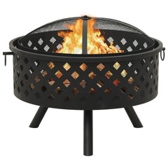 Black steel 26.8-inch fire pit with mesh cover, poker, and burning logs on tripod legs.
