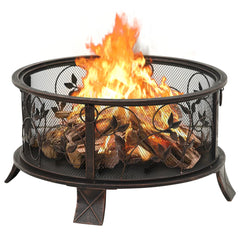 A 26.6-inch rustic steel fire pit with leaf-patterned mesh, burning logs, and included poker.