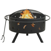 Black steel fire pit with star and moon cutouts, mesh cover, and poker tool included.