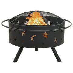 Black steel fire pit with star and moon cutouts, burning flames, mesh cover, and three legs.