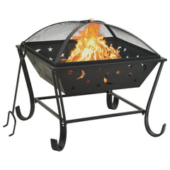 A black steel fire pit with a mesh cover, poker, and moon and star cutouts.