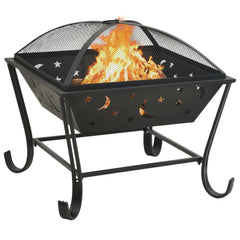 Black steel fire pit with star and moon cutouts, mesh cover, burning flames, and poker.