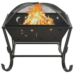 Black steel fire pit with crescent moon and star cutouts, burning flames, mesh cover, and poker.