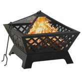 Square black steel fire pit with burning flames, mesh cover, and poker.