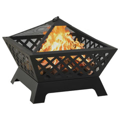 Black steel XXL fire pit with burning flames, mesh cover, and poker.