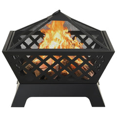 Black steel XXL fire pit with burning logs, mesh cover, and poker.