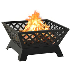 Black steel 25.2-inch square fire pit with burning flames, mesh cover, and poker.