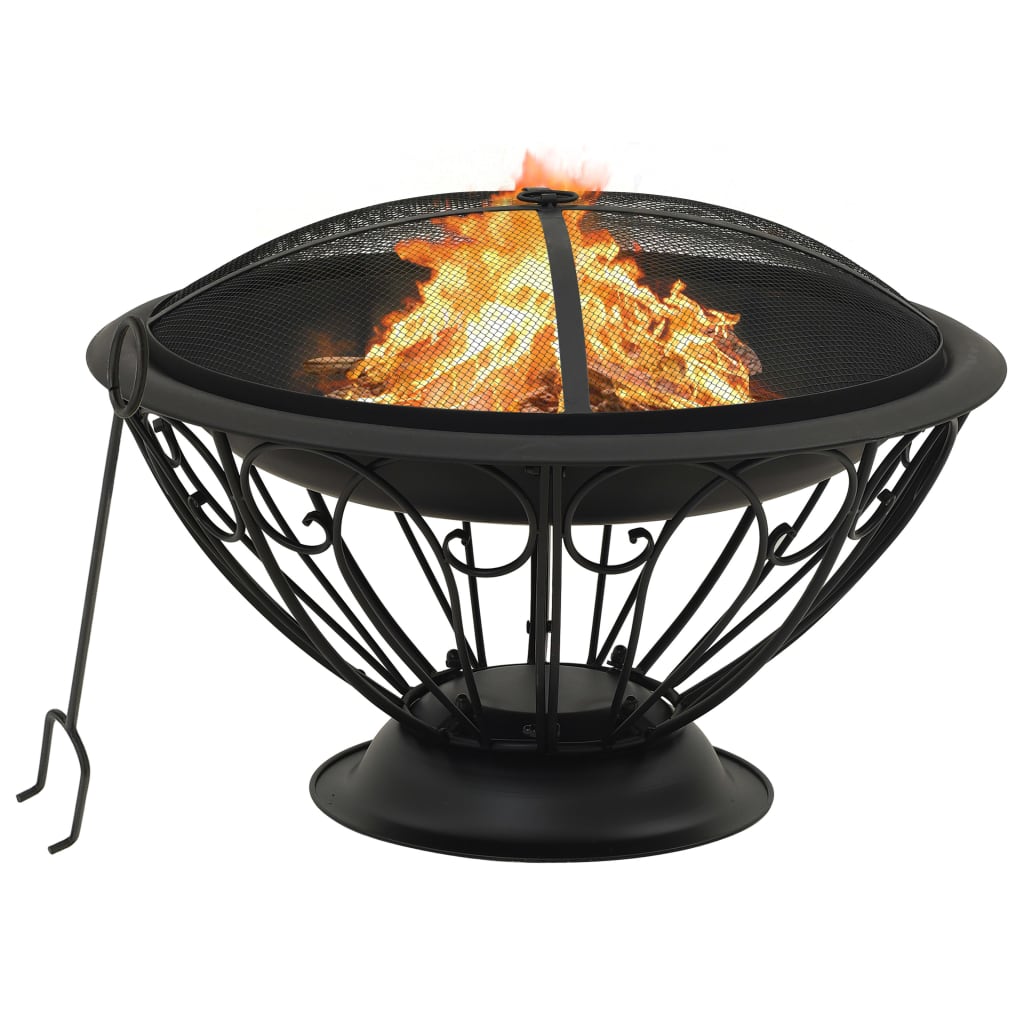 Black steel 29.5-inch fire pit with burning logs, mesh cover, and poker.