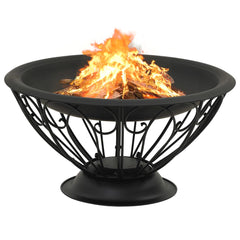 Black steel fire pit with swirling frame, burning logs, and flames.