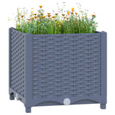 Blue-gray polypropylene raised garden bed measuring 15.7x15.7x15 inches, filled with wildflowers and greenery.