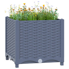 Blue-gray polypropylene raised garden bed measuring 15.7x15.7x15 inches, filled with wildflowers and greenery.