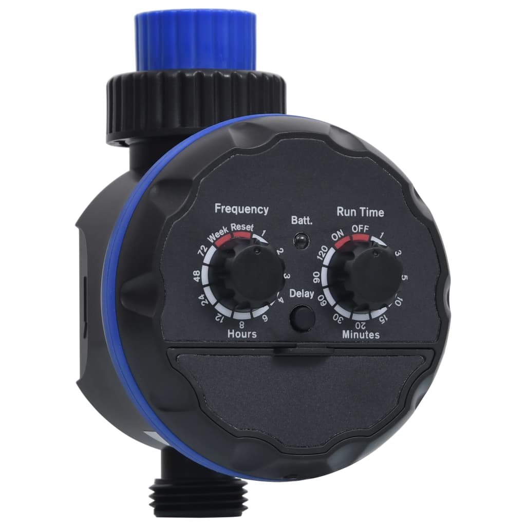 Black ABS automatic water timer with blue dial controls for frequency, runtime, and delay.