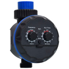 Black ABS automatic water timer with blue dial controls for frequency, runtime, and delay.